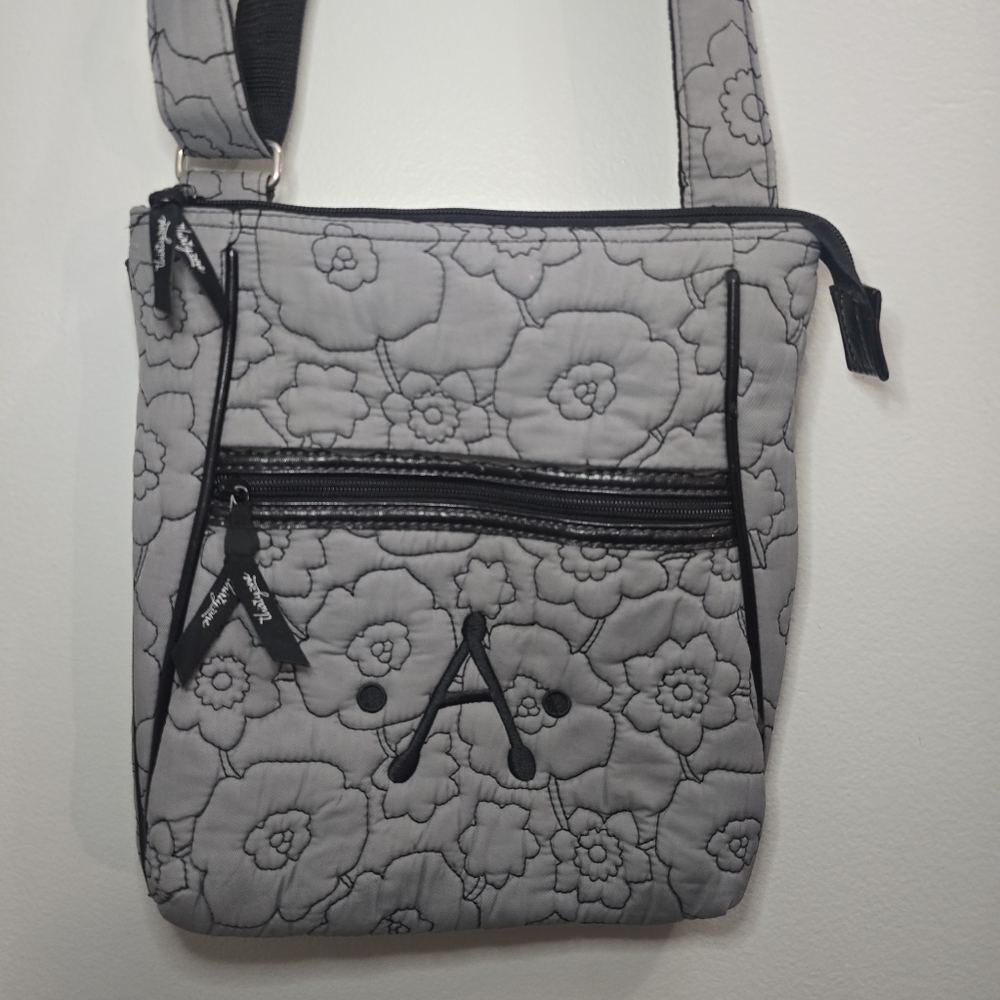 Thirty-One Quilted Crossbody Poppy Floral Shoulder Bag Gray Black Monogram A - Picture 2 of 11